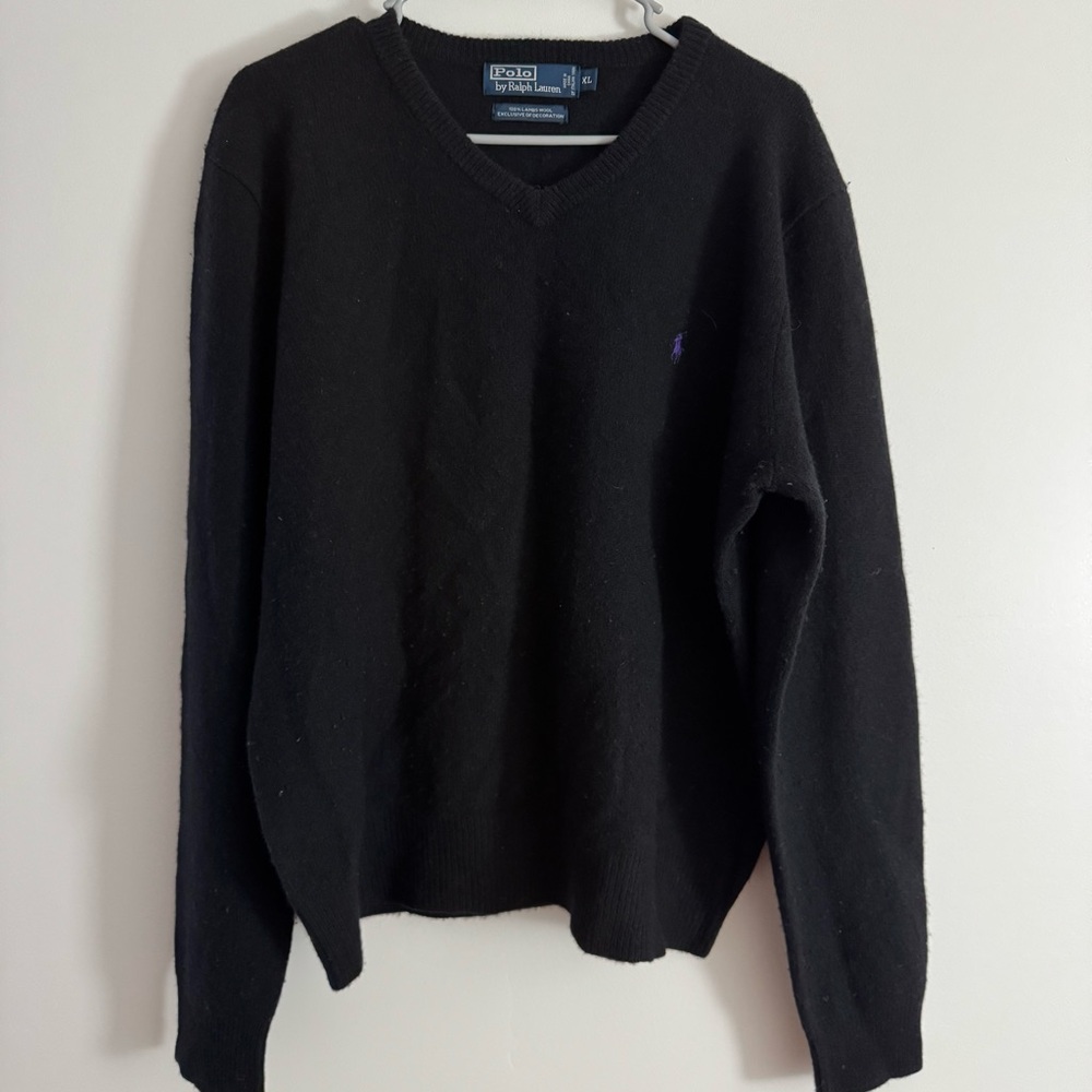 Vintage Polo Ralph Lauren Black Lambswool V-Neck Sweater – Purple Pony, Men’s XL